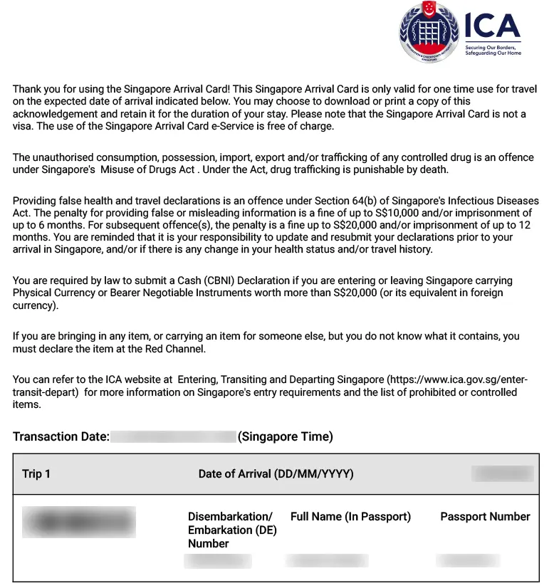 The SG Arrival Card for Singapore